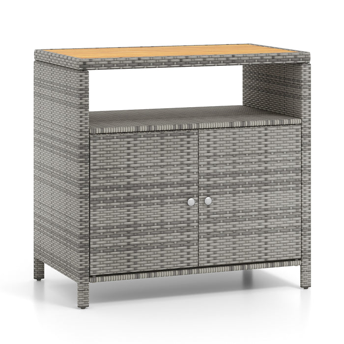 Rattan Storage Cabinet with Acacia Wood Countertop for Poolside Deck and Patio-Gray