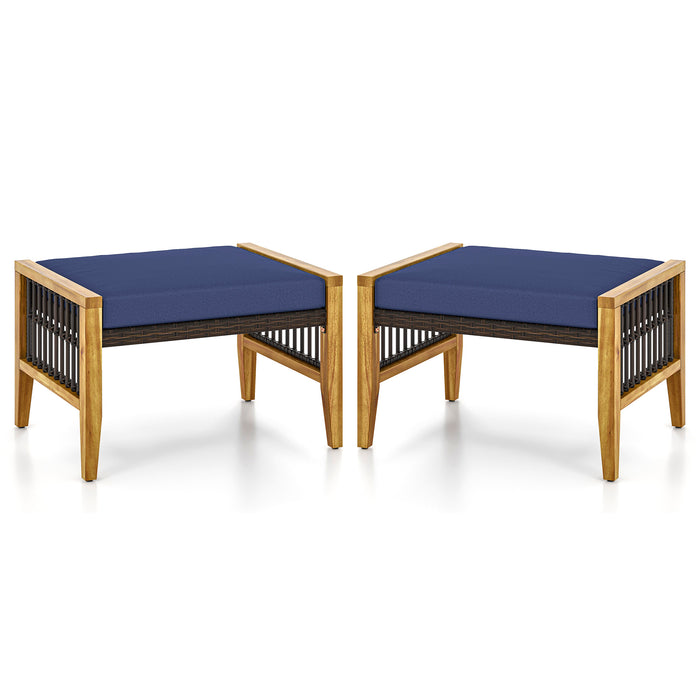 Patio Acacia Wood Ottomans with Cushions and Versatile Rattan Woven Footstools-Navy