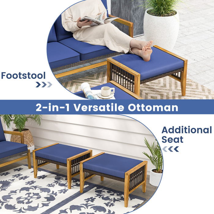 Patio Acacia Wood Ottomans with Cushions and Versatile Rattan Woven Footstools-Navy