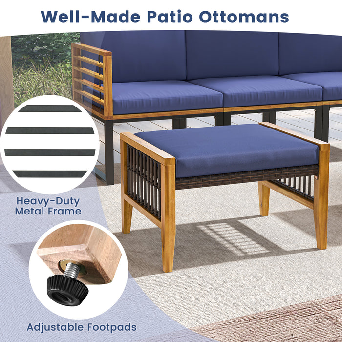 Patio Acacia Wood Ottomans with Cushions and Versatile Rattan Woven Footstools-Navy