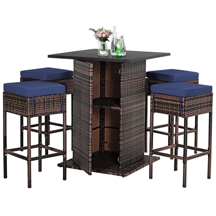 5 Pieces Patio Rattan Bar Table Stool Set Hidden Storage Shelf Cushioned-Navy