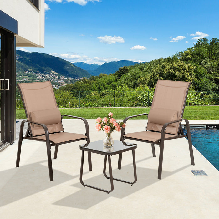 3 Pieces Patio Bistro Furniture Set with Adjustable Backrest-Brown