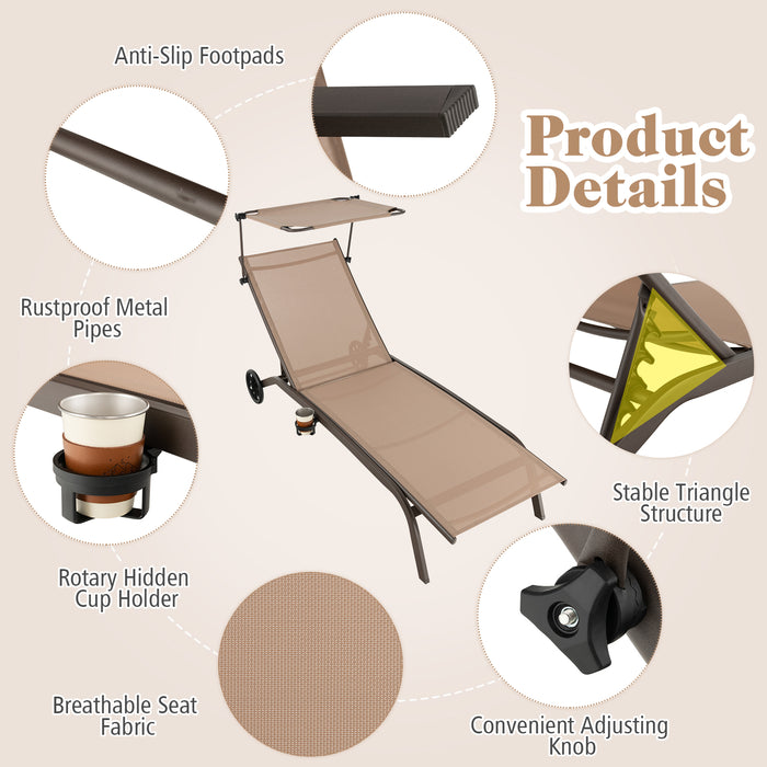 Patio Heavy-Duty Adjustable Chaise Lounge Chair with Canopy Cup holder and Wheels-Brown