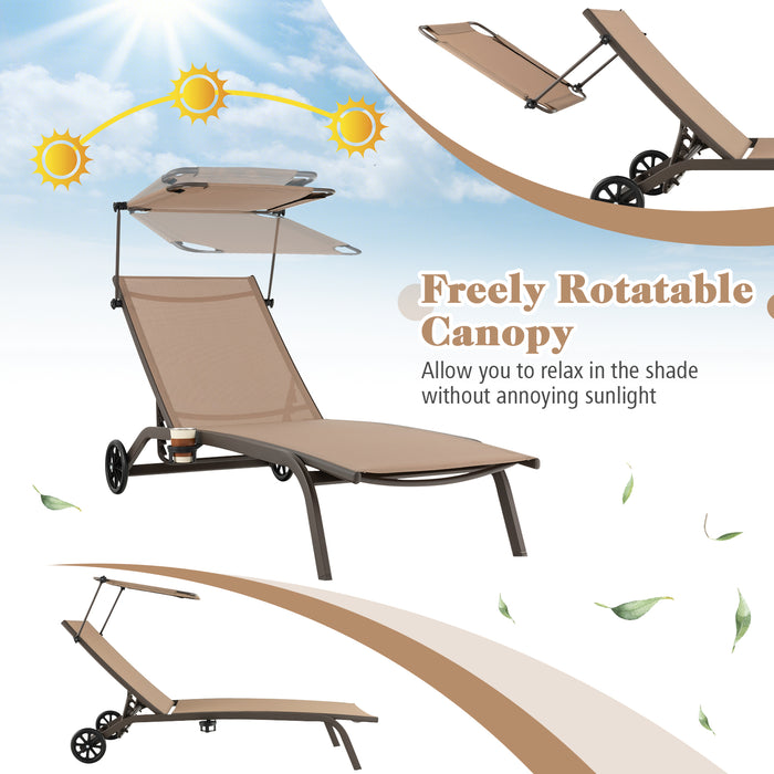 Patio Heavy-Duty Adjustable Chaise Lounge Chair with Canopy Cup holder and Wheels-Brown