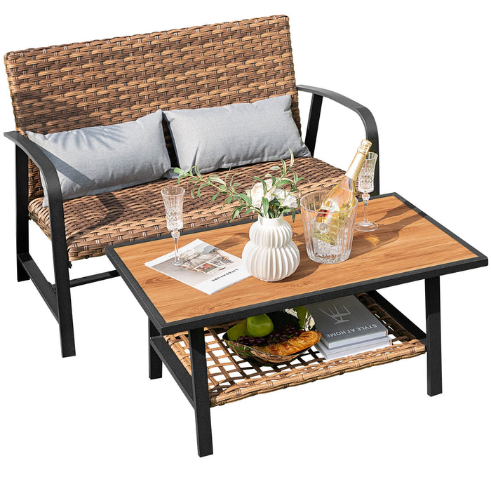 2 Pieces Patio Rattan Coffee Table Set with Shelf and Quick Dry Cushion