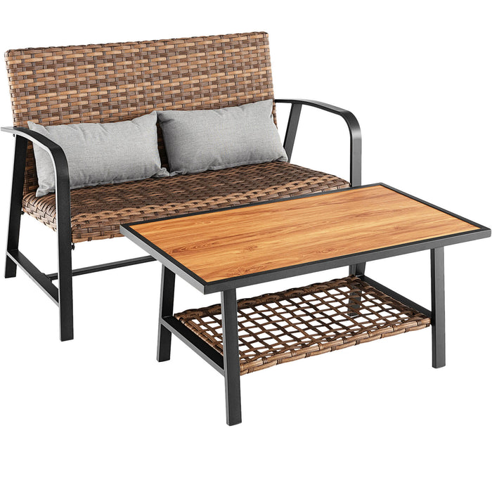 2 Pieces Patio Rattan Coffee Table Set with Shelf and Quick Dry Cushion