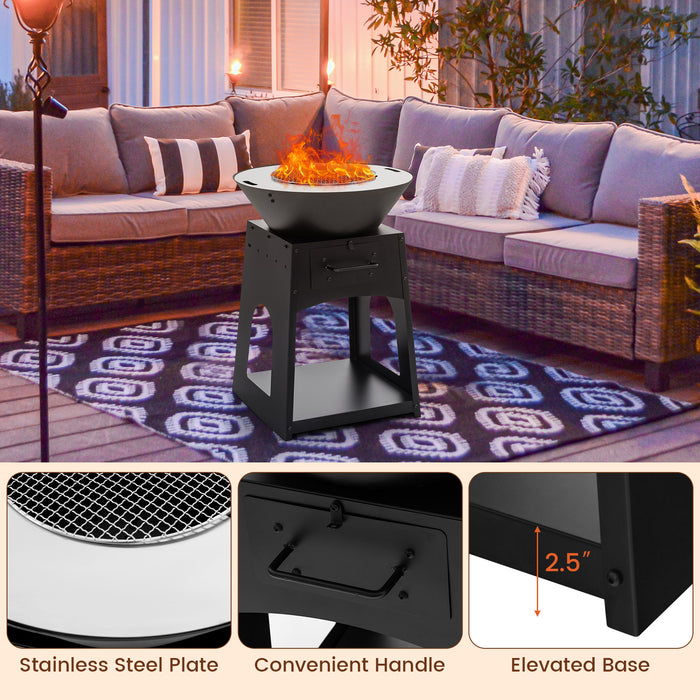 Patio Fire Pit with Firewood Log Rack with Grill and Ash Box-Black