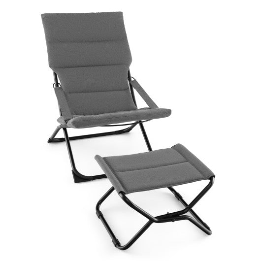 Patio Folding Sling Chair with Ottoman Footrest and Removable Cushion-Gray