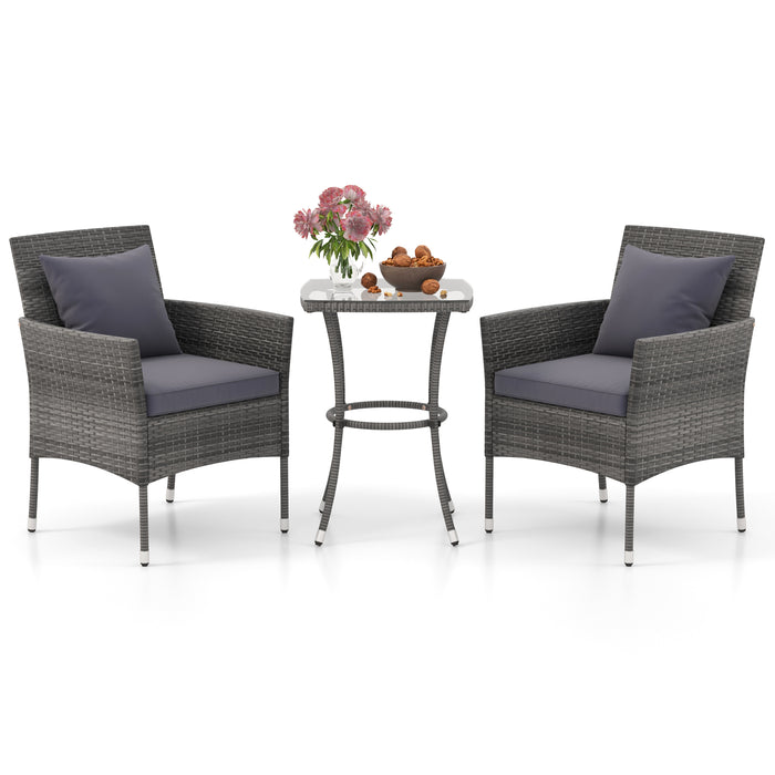 3 Pieces Patio Furniture Set with Cushioned Patio Chairs and Tempered Glass Coffee Table-Gray