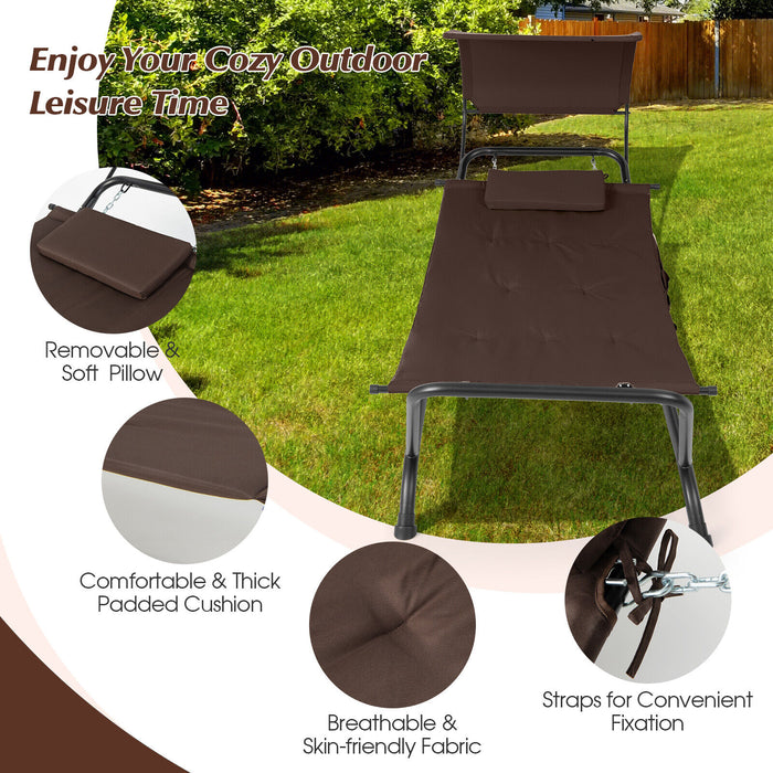 Patio Hanging Chaise Lounge Chair with Canopy Cushion Pillow and Storage Bag-Brown