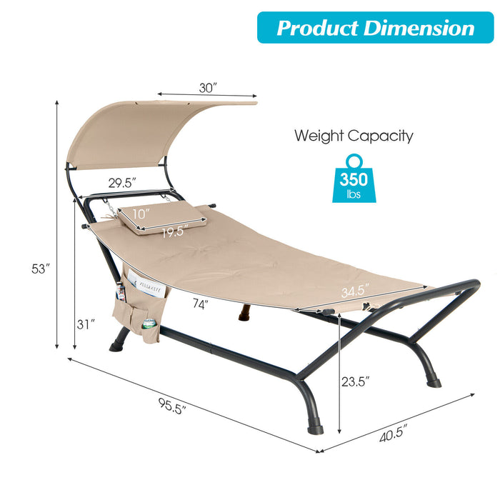 Patio Hanging Chaise Lounge Chair with Canopy Cushion Pillow and Storage Bag-Beige