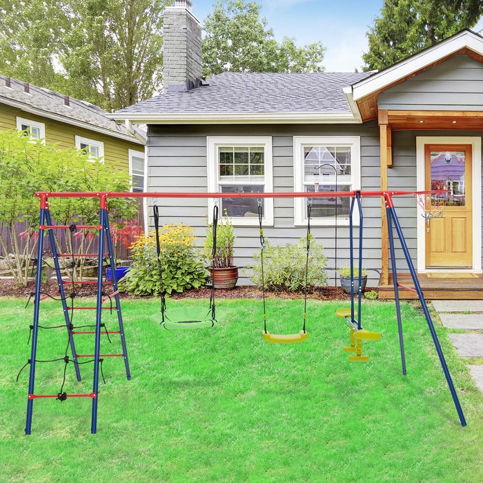 550 LBS 6-in-1 Patio Kids Swing Set with Climbing Net and Ladder-Red