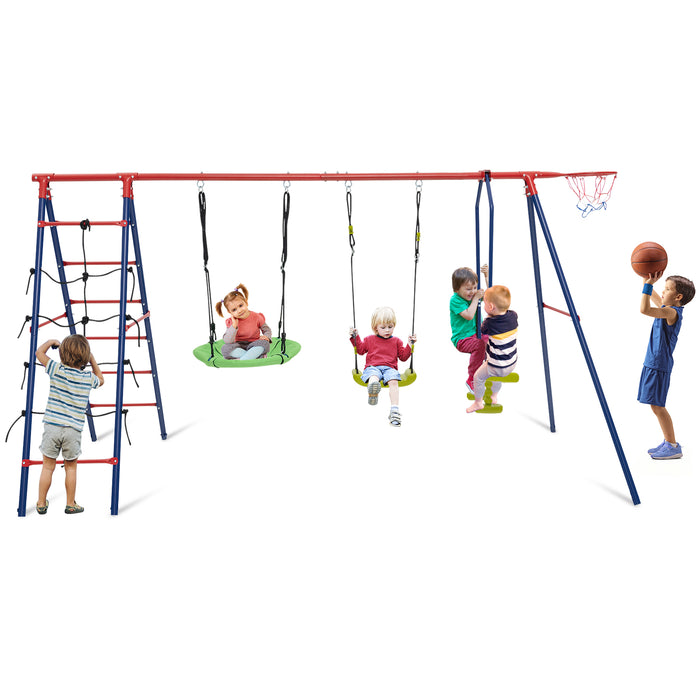 550 LBS 6-in-1 Patio Kids Swing Set with Climbing Net and Ladder-Red