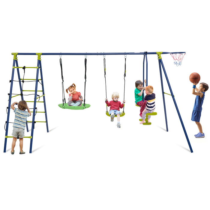 550 LBS 6-in-1 Patio Kids Swing Set with Climbing Net and Ladder-Green