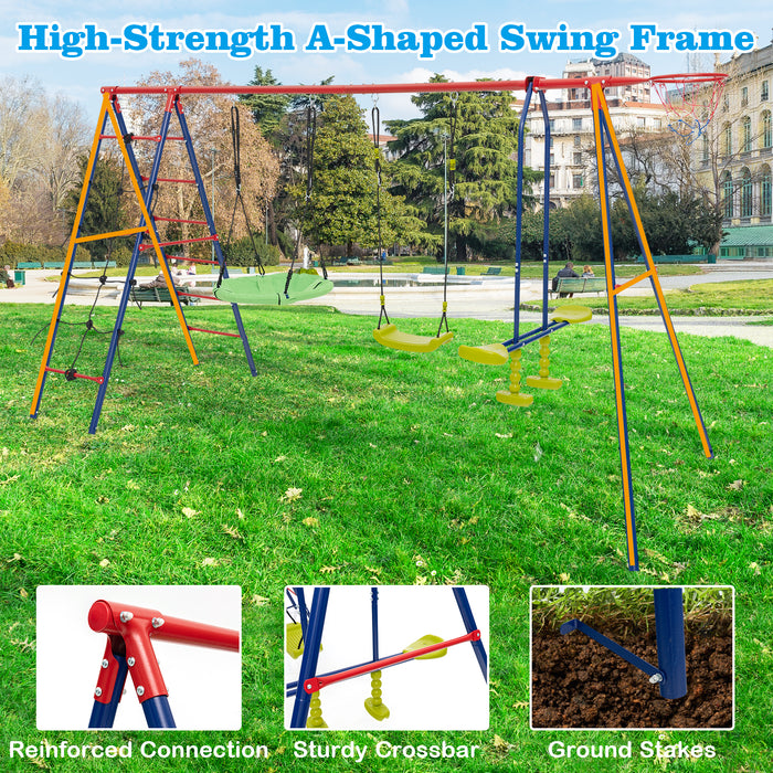 550 LBS 6-in-1 Patio Kids Swing Set with Climbing Net and Ladder-Red