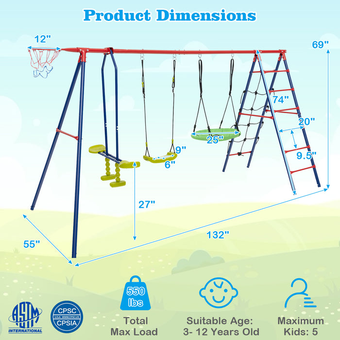 550 LBS 6-in-1 Patio Kids Swing Set with Climbing Net and Ladder-Red