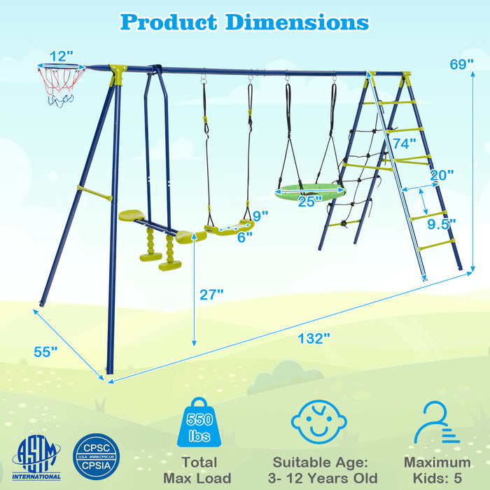 550 LBS 6-in-1 Patio Kids Swing Set with Climbing Net and Ladder-Green