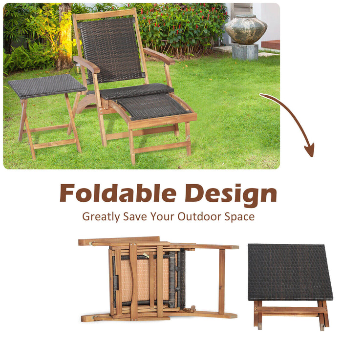 2 Pieces Patio Rattan Folding Lounge Chair with Acacia Wood Table