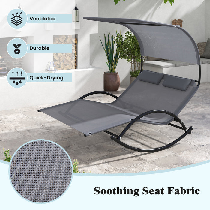 Outdoor Dual Rocker Sunbed 2-Person Canopied Patio Lounger with Detachable Headrests-Gray