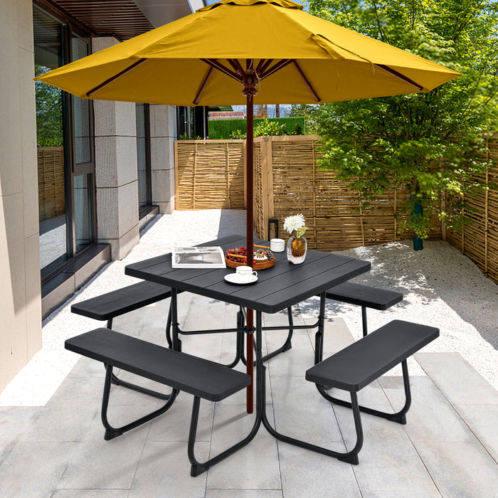 Outdoor Picnic Table with 4 Benches and Umbrella Hole-Black