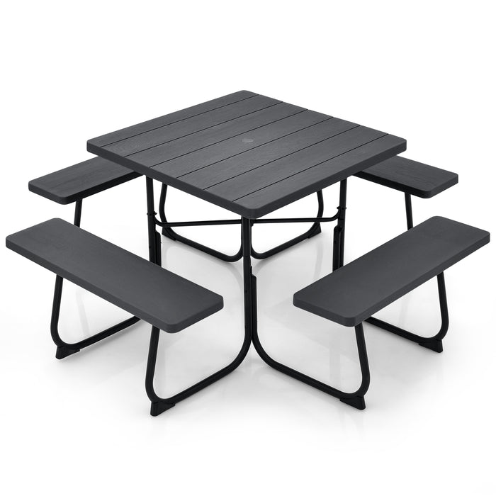 Outdoor Picnic Table with 4 Benches and Umbrella Hole-Black