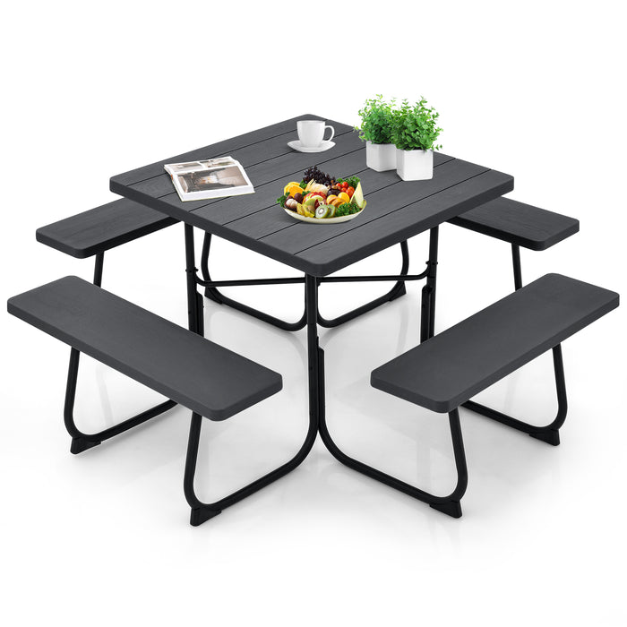 Outdoor Picnic Table with 4 Benches and Umbrella Hole-Black