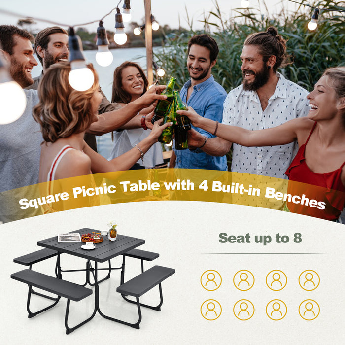 Outdoor Picnic Table with 4 Benches and Umbrella Hole-Black