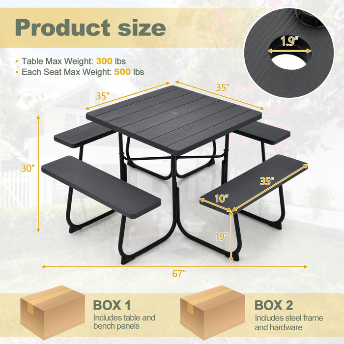 Outdoor Picnic Table with 4 Benches and Umbrella Hole-Black