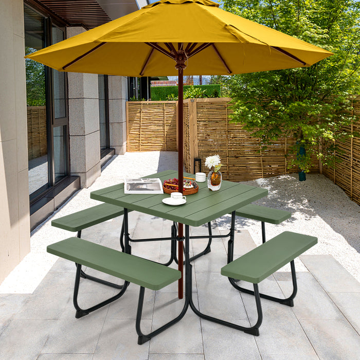 Outdoor Picnic Table with 4 Benches and Umbrella Hole-Green