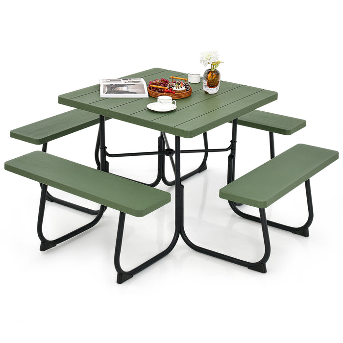 Outdoor Picnic Table with 4 Benches and Umbrella Hole-Green