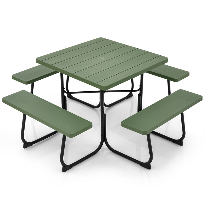 Outdoor Picnic Table with 4 Benches and Umbrella Hole-Green