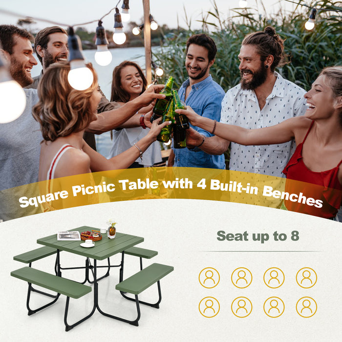 Outdoor Picnic Table with 4 Benches and Umbrella Hole-Green