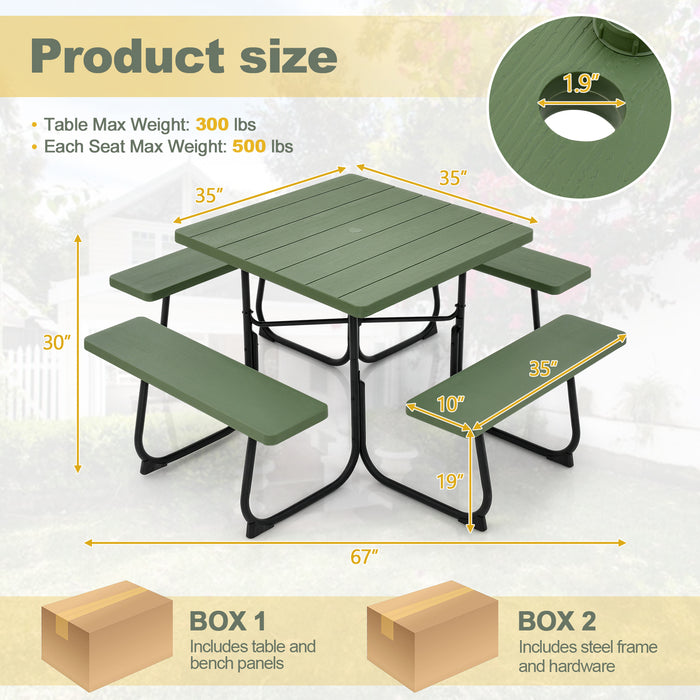 Outdoor Picnic Table with 4 Benches and Umbrella Hole-Green