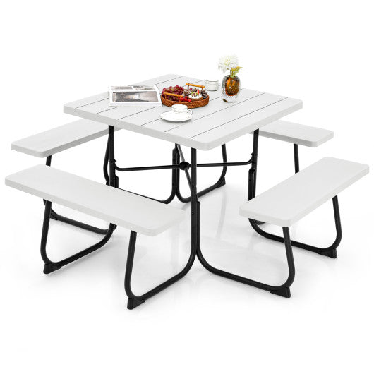 Outdoor Picnic Table with 4 Benches and Umbrella Hole-White