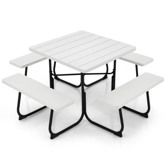 Outdoor Picnic Table with 4 Benches and Umbrella Hole-White