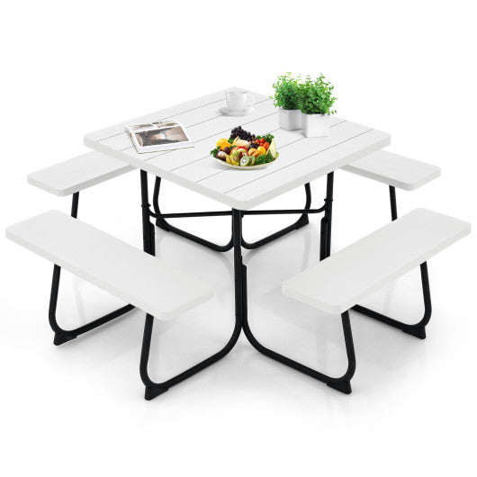 Outdoor Picnic Table with 4 Benches and Umbrella Hole-White