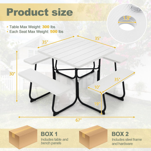 Outdoor Picnic Table with 4 Benches and Umbrella Hole-White