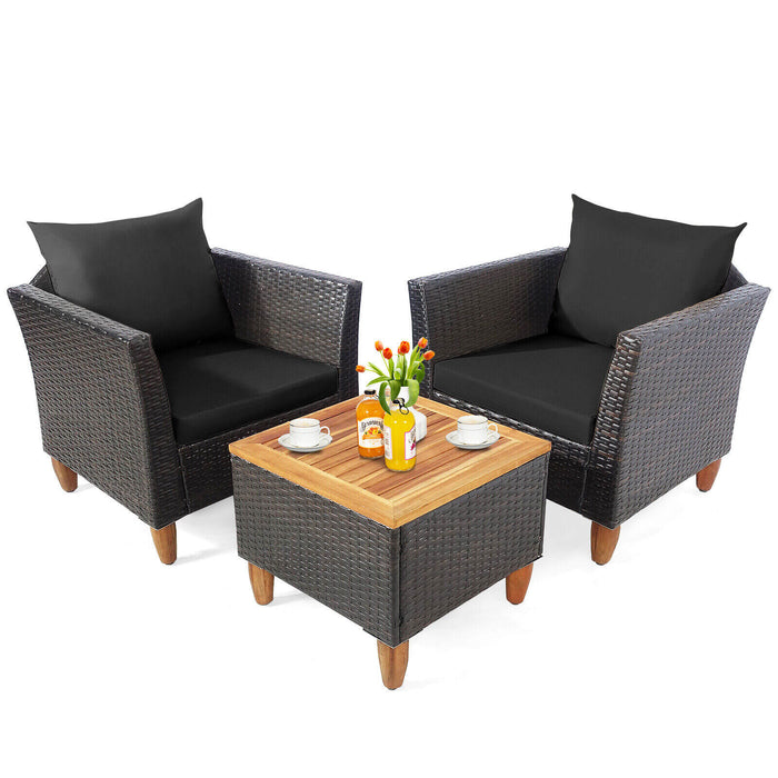 3 Pieces Patio Rattan Bistro Furniture Set with Wooden Table Top-Black