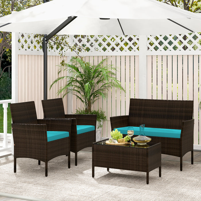 4 Piece Patio Rattan Conversation Set with Cozy Seat Cushions-Turquoise