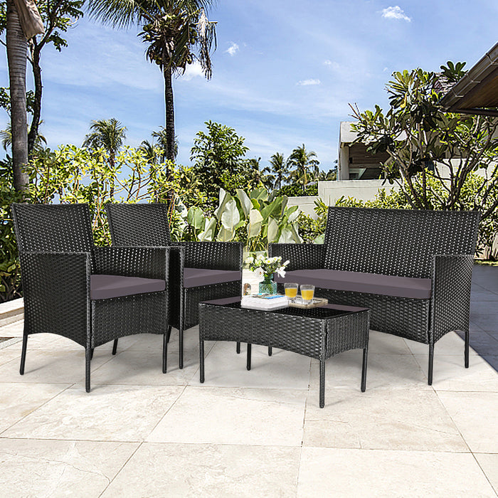 4 Pieces Patio Rattan Cushioned Sofa Set with Tempered Glass Coffee Table-Gray & Off White