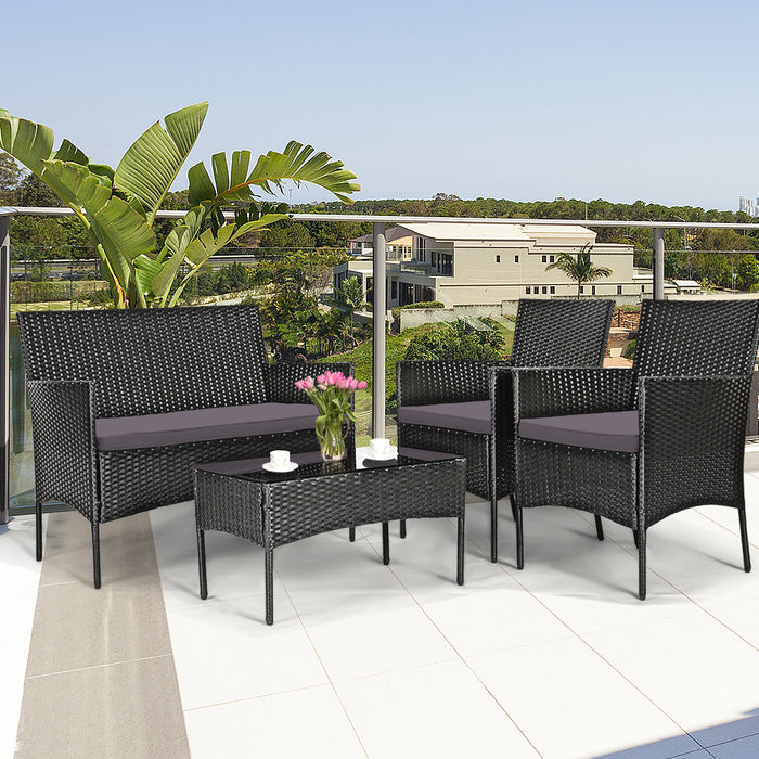 4 Pieces Patio Rattan Cushioned Sofa Set with Tempered Glass Coffee Table-Gray & Off White