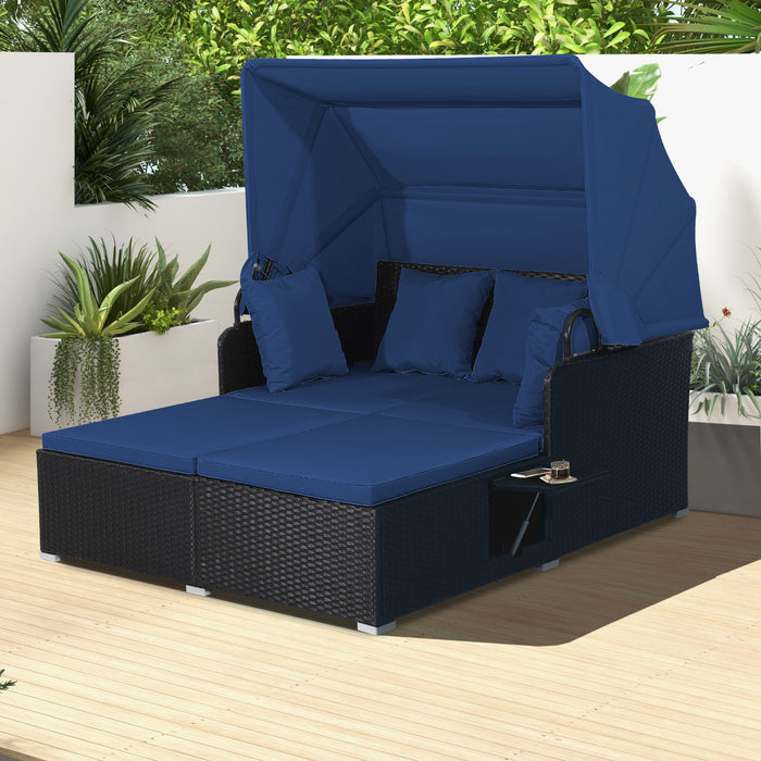 Patio Rattan Daybed with Retractable Canopy and Side Tables-Navy