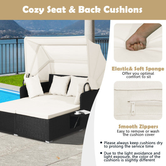 Patio Rattan Daybed with Retractable Canopy and Side Tables-Off White