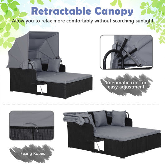 Patio Rattan Daybed with Retractable Canopy and Side Tables-Gray