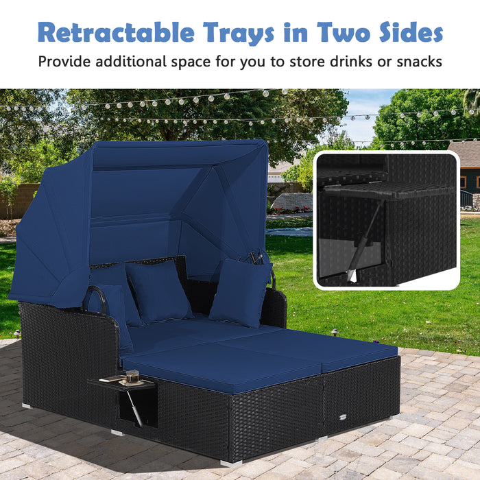 Patio Rattan Daybed with Retractable Canopy and Side Tables-Navy