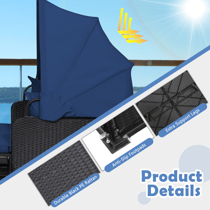 Patio Rattan Daybed with Retractable Canopy and Side Tables-Navy