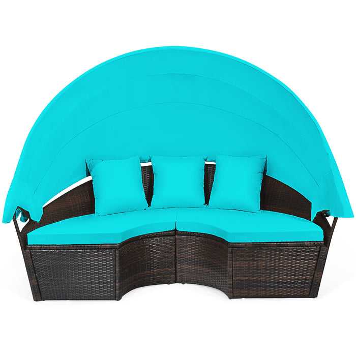 Patio Round Rattan Daybed with Retractable Canopy and Height Adjustable Coffee Table-Turquoise