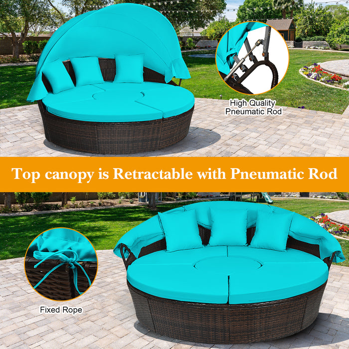 Patio Round Rattan Daybed with Retractable Canopy and Height Adjustable Coffee Table-Turquoise