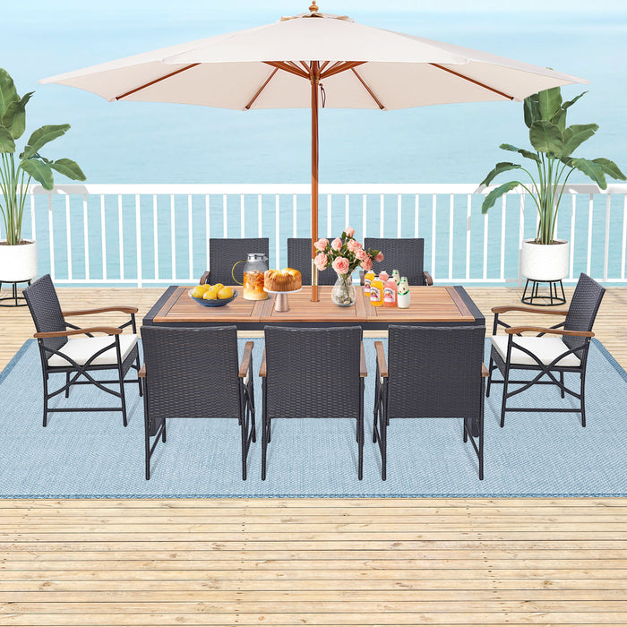 9 Pieces  Patio Rattan Dining Set with Acacia Wood Table for Backyard  Garden-X-side Handrail