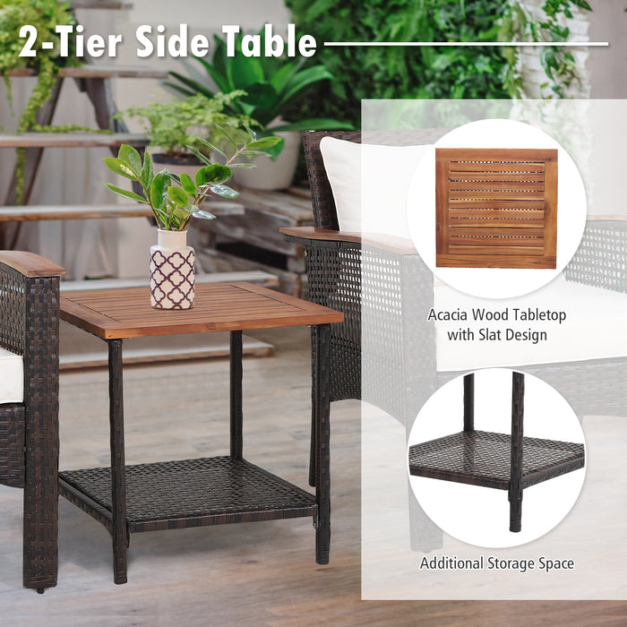 3 Pieces Patio Rattan Furniture Set with Acacia Wood Tabletop